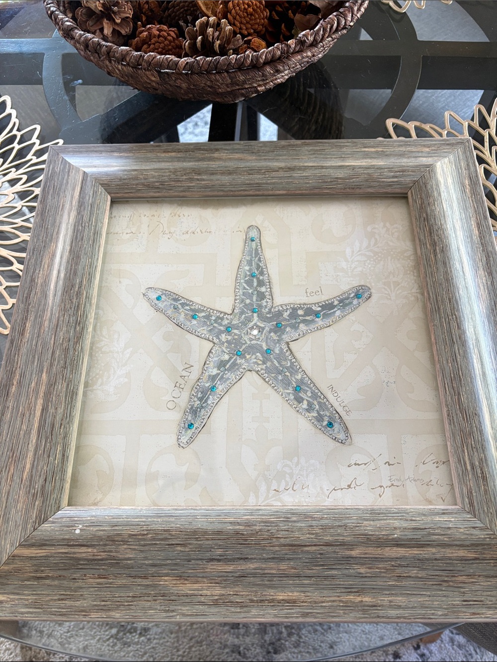 Coastal Starfish Framed Wall Art - Neutral Gray & Teal 17.5 x17.5
